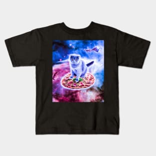 Galaxy Kitty Cat Riding Pizza In Space Kids T-Shirt